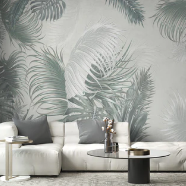 Tropical Vibes with Wild Green Gray Leaves Peel and Stick Décor