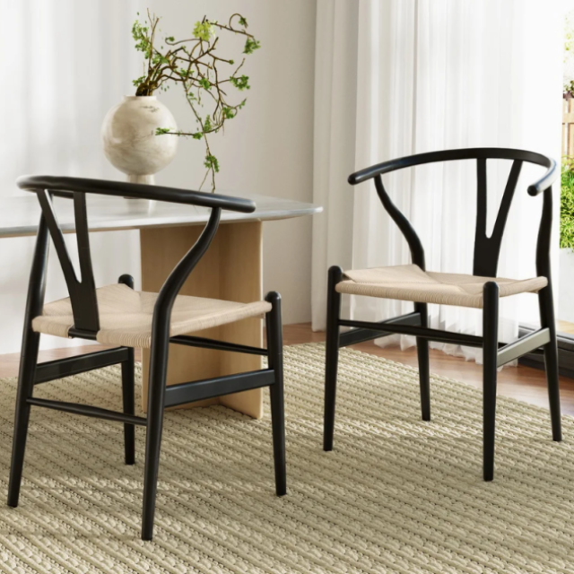Set of 2 Artiss Dining Chairs - Wooden Rattan Wishbone Black