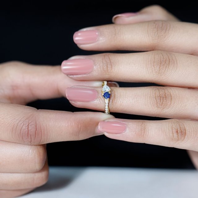Minimal Toi Et Moi Promise Ring with Moissanite and Blue Sapphire