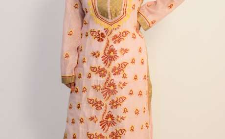 Buy Hand Embroidered Lucknowi Chikan Peach and Red Cotton Kurti